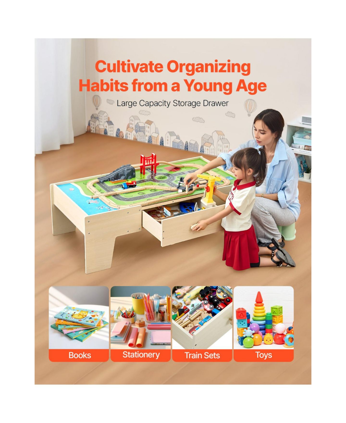 Детские конструкторы Slickblue Train 62-Piece Wooden Activity Table with Storage Drawer, Ages 2-5 Years, цвет: Натуральный — фото 5