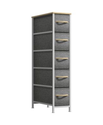 Narrow Dresser with 5 Drawers - Steel Frame, Wood Top & Easy Pull Fabric Bins
