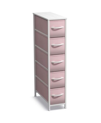 Narrow Dresser with 5 Drawers - Steel Frame, Wood Top & Easy Pull Fabric Bins