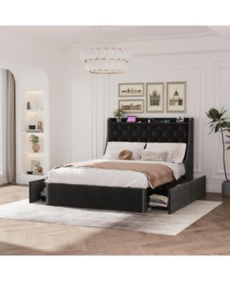 Wingback Headboard 4-Drawer Velvet Upholstered Platform Bed Frame with Charging Station