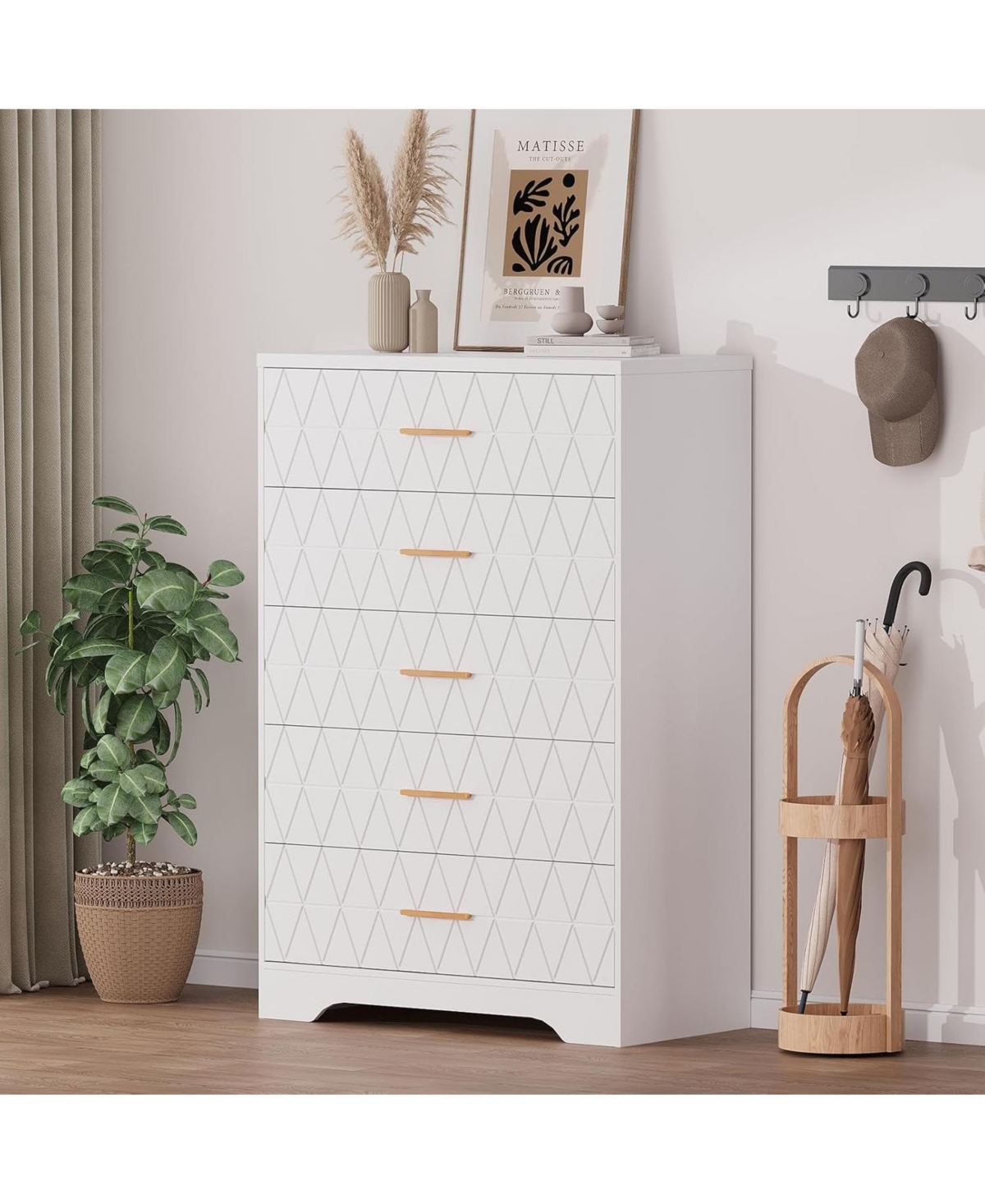 gaomon 5-Drawer Tall Dresser for Bedroom, Wooden Chest of Drawers with Gold Handles for Closet Storage, White