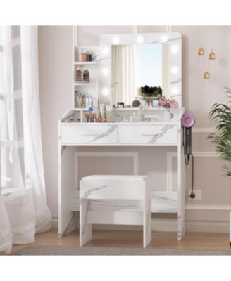 Vanity Desk with Mirror and Lights, Makeup Vanity with Power Outlet, White