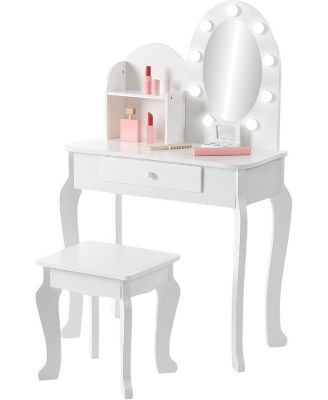 Kids Vanity Set with Light, Girls Vanity with Mirror, Stool and Drawer, White