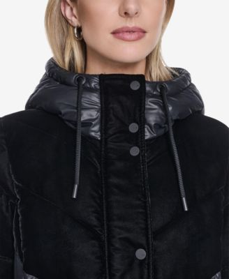 Women's Varna Velvet Mixed Quilted Puffer Jacket Within Attached Hood