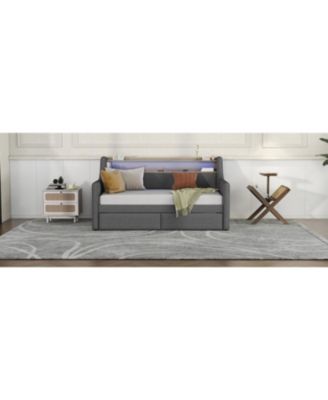 Daybed with Storage Drawers, Upholstered Daybed with Charging Station and LED Lights