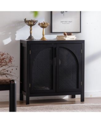 Black Rattan Accent Cabinet with Doors & Adjustable Shelf