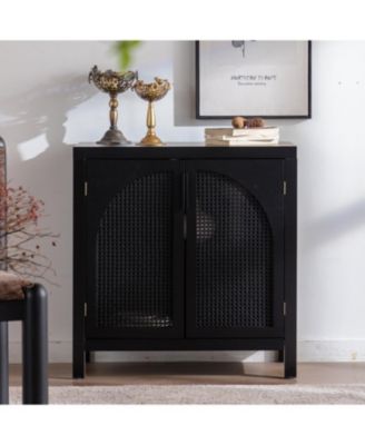 Black Rattan Accent Cabinet with Doors & Adjustable Shelf