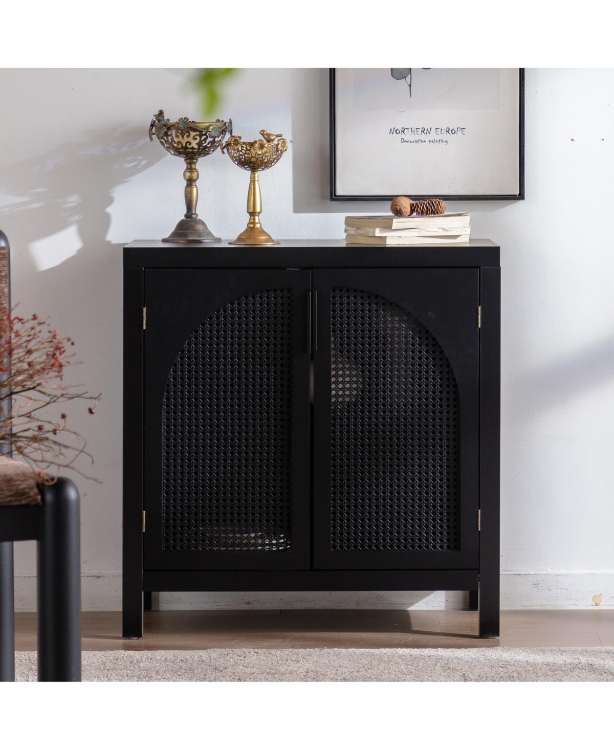 Streamdale Furniture Black Rattan Accent Cabinet with Doors & Adjustable Shelf