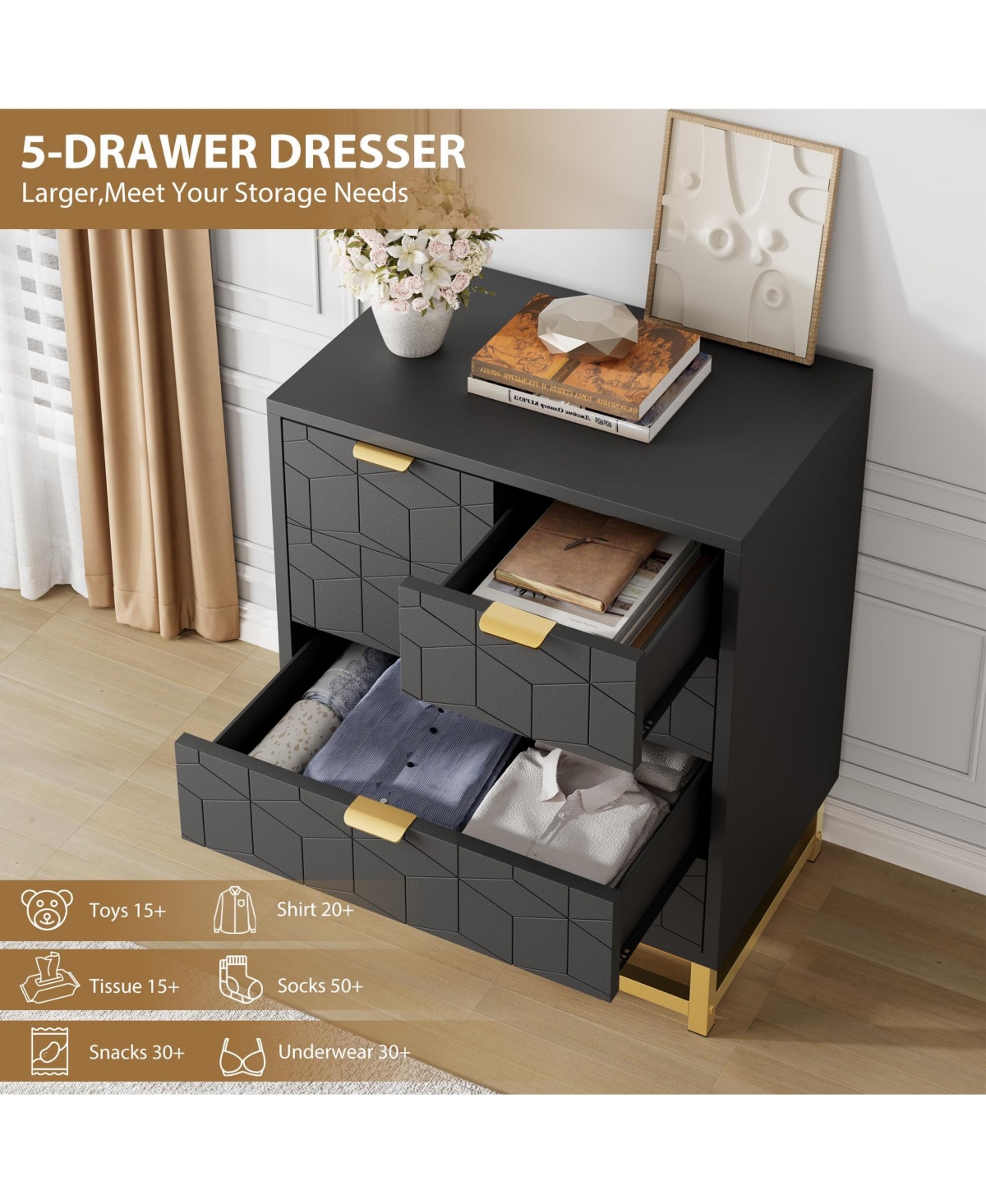 Gaomon 5 Drawer Dresser for Bedroom, Modern Chest with Metal Base, Cabinet Organizer Living Room, Hallway, Closet