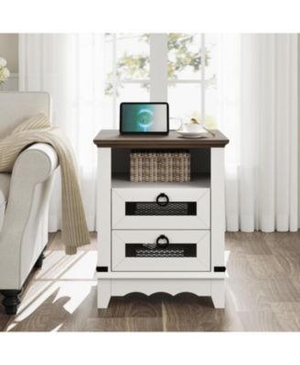 End Table Farmhouse Side Table 24" Nightstand Industrial End Table with Charging Station 2 Drawers Bed Side Table Open Cubby