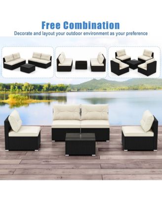 5 Pieces Outdoor Furniture Set with Seat & Back Cushions Tempered Glass Tabletop