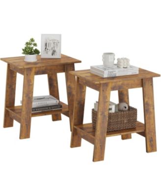 Farmhouse Side Table, Set of 2 Small Wooden End Table with 2-Layer Storage Shelves, Sofa Table for Small Space, Easy Assembly