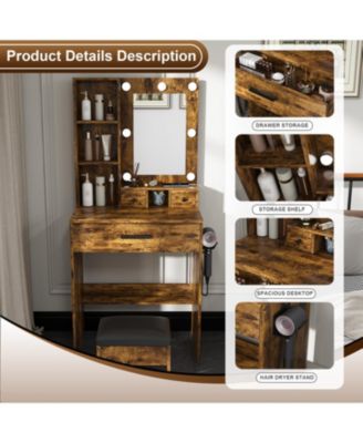 Streamdale Vanity Table with LED Lights, Outlet, Stool - Compact Dressing Desk (Vintage
