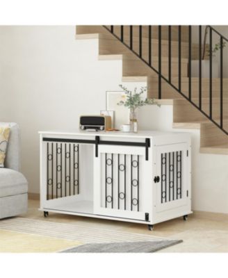  Dog Crate with Metal Bars and Lockable Wheels in White
