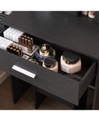 Vanity Table with LED Lights, Power, Hairdryer Holder & Stool - Black