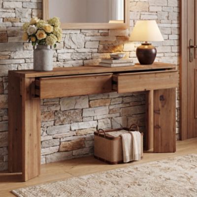 63-Inch Solid Wood Console Table with 2 Drawers, Farmhouse Entryway Table, Narrow Sofa Table, Vanity Table