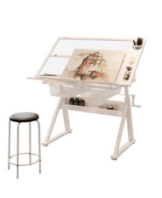 Adjustable Tempered Glass Drafting Table with Chair & Storage