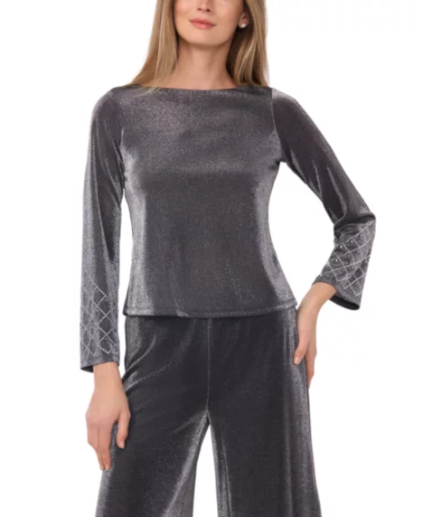 Petite Long-Sleeve Rhinestone Top - Black Silver