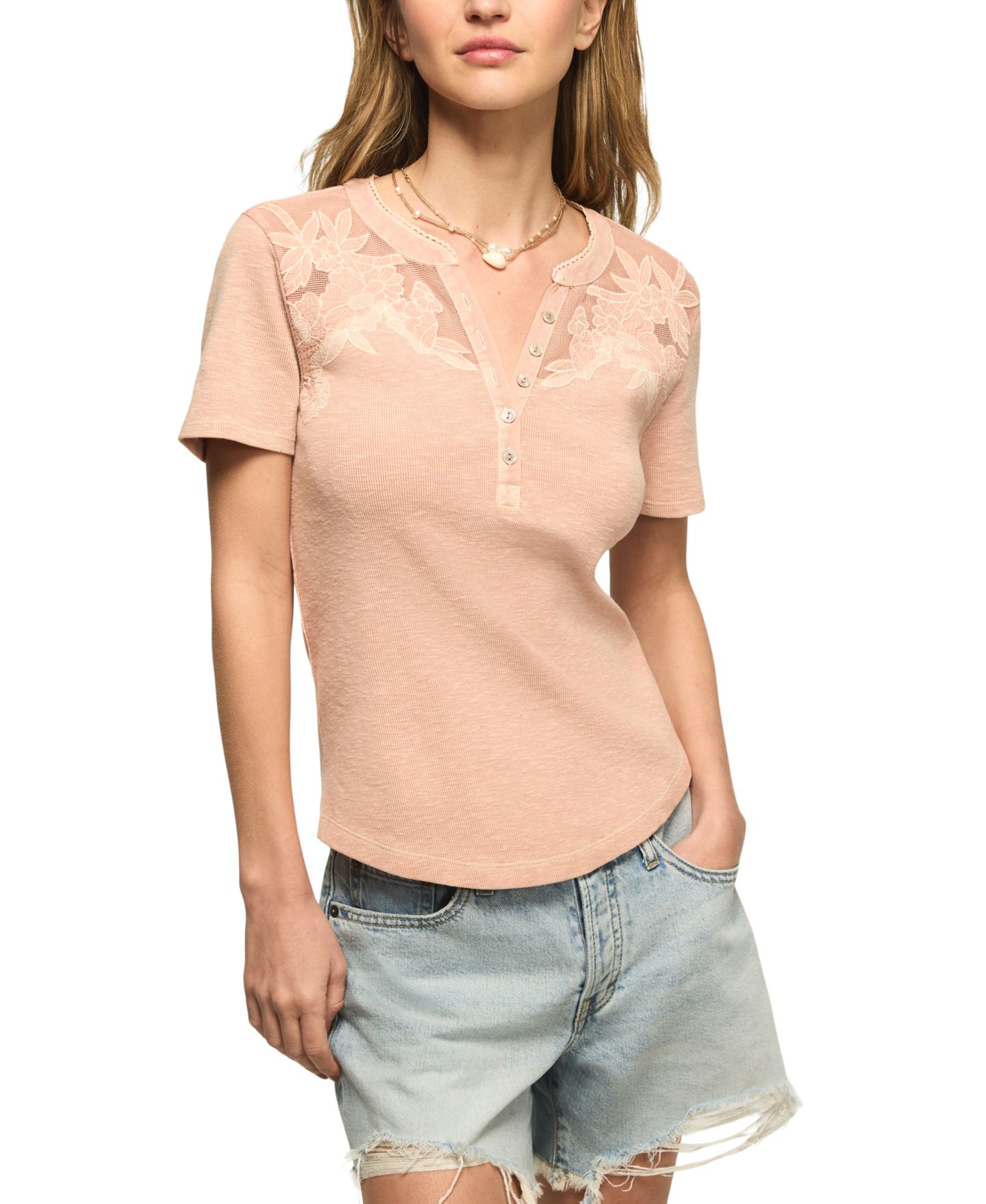 Женский топ Lucky Brand Short-Sleeve Cutwork Henley, цвет: Сепия розовый — фото 1