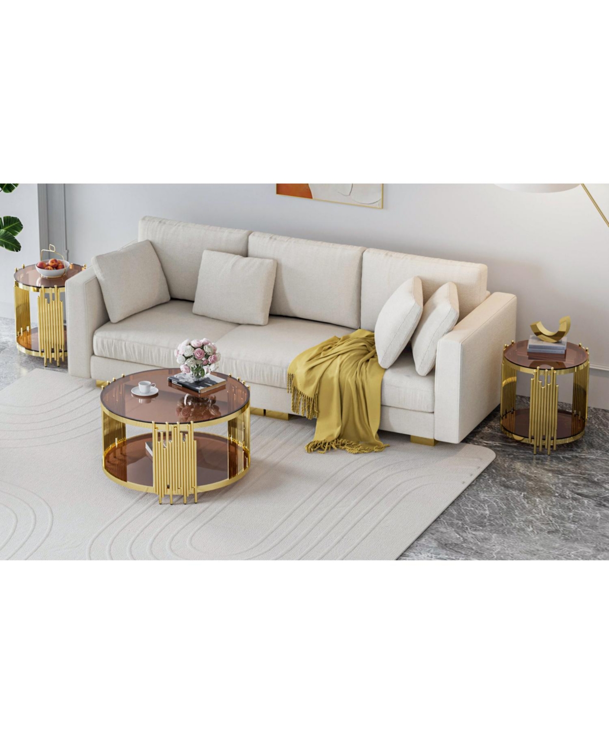 Streamdale Furniture 31.5" Modern Gold Coffee Table, Brown Tempered Glass, Stainless Steel Legs