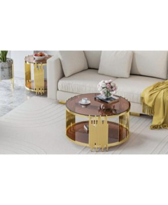 31.5" Modern Gold Coffee Table, Brown Tempered Glass, Stainless Steel Legs