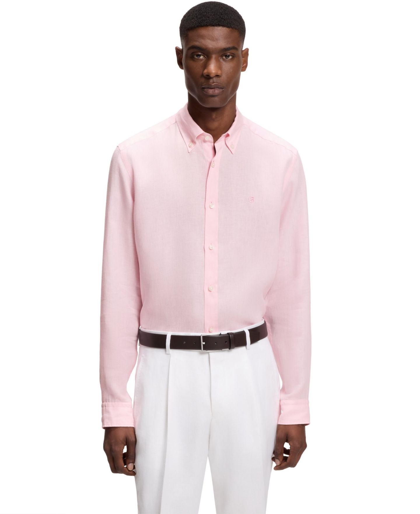 Мужская рубашка Hugo Boss Regular-Fit Button-Down Linen Dress Shirt, цвет: Розовый — фото 1