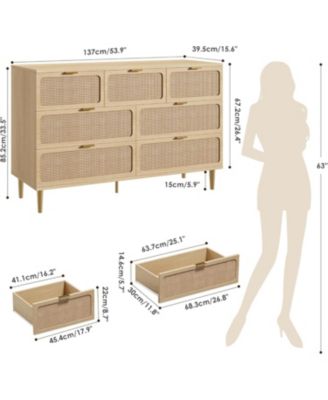 Rattan 7 Drawer Dresser for Bedroom, Tall Chest of Drawers with Deep Storage and Wide Top, Beige