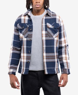 Men's Cotton Plaid Flannel Button-Up Shirt Jacket With Faux Shearling Lining