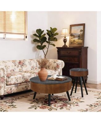 31.5" Round Carved Coffee Table with Storage - Mid-Century Modern (Brown/Black