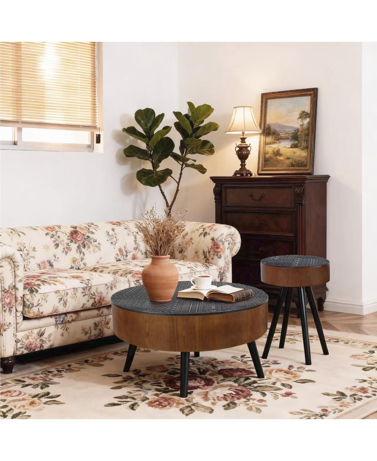 Streamdale Furniture 31.5" Round Carved Coffee Table with Storage - Mid-Century Modern (Brown/Black