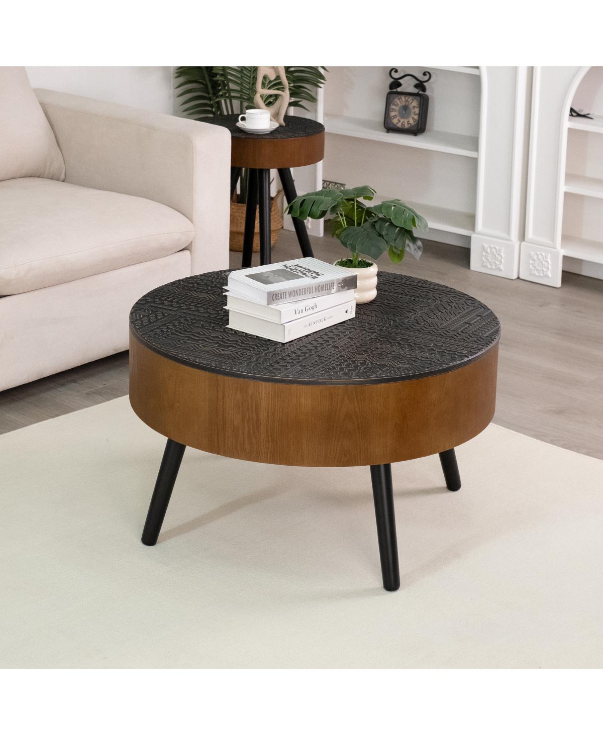 Streamdale Furniture 31.5" Round Carved Coffee Table with Storage - Mid-Century Modern (Brown/Black