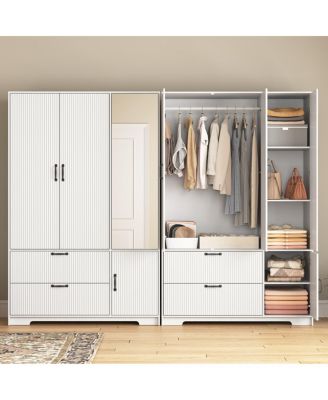 Streamdale 4-Door Wardrobe w/ Mirror, LED, 2 Drawers, Rod, Shelves, White