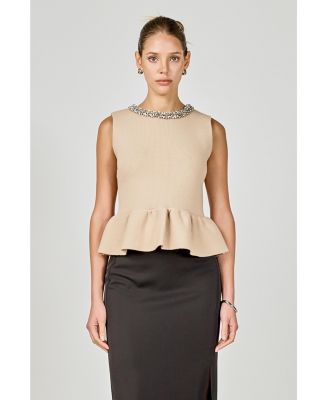 Women's Jewel Trim Neck Peplum Knit Top