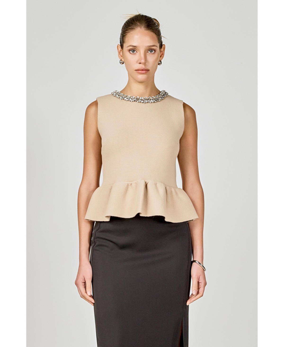 endless rose Women's Jewel Trim Neck Peplum Knit Top