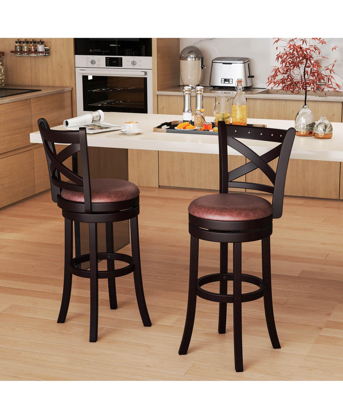 Costway 29" Swivel Bar Stools Footrest & Rubber Wood Frame for Kitchen Island