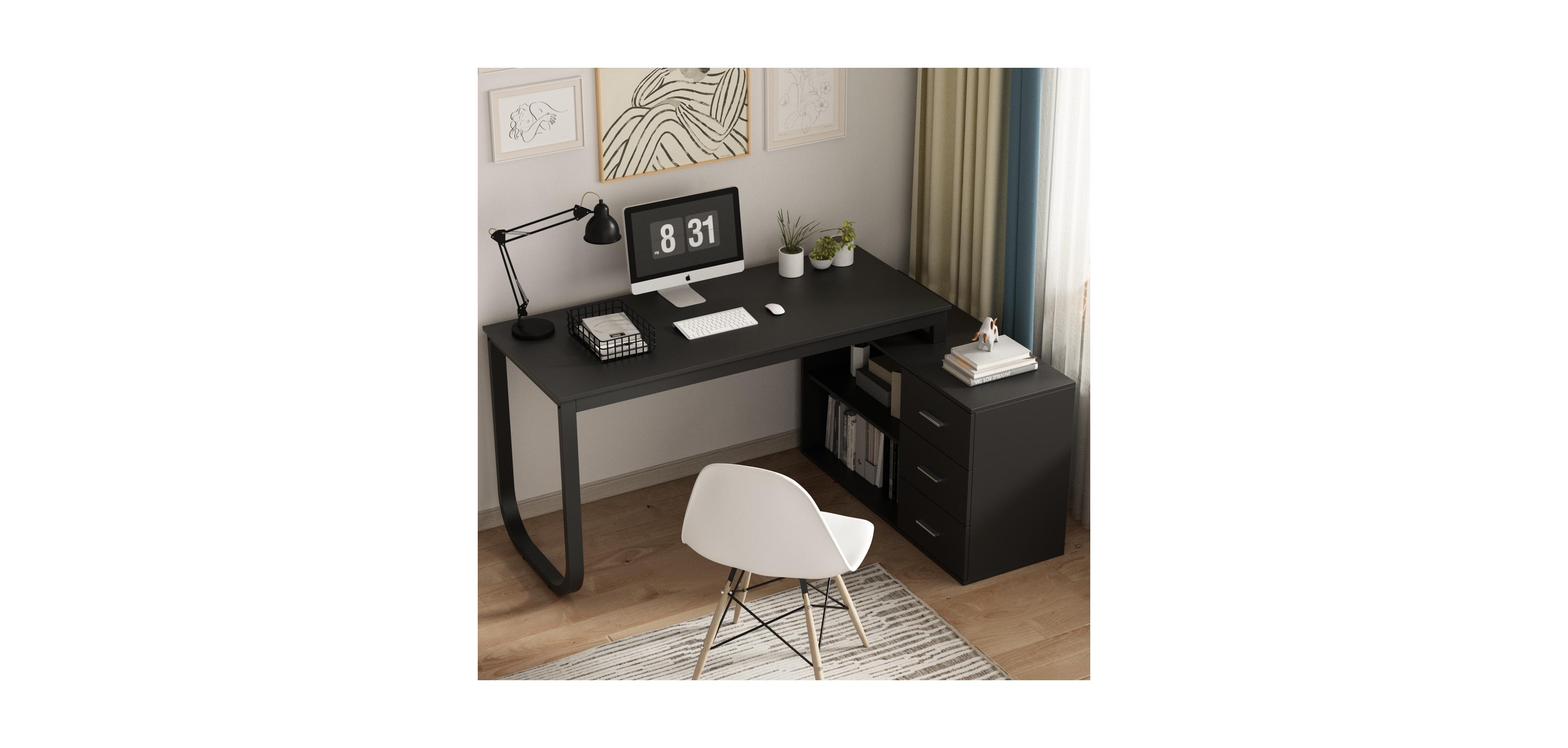 Famapy 55.1 in. L-Shaped Brown Wood Computer Desk Writing Office Executive W/Removable Tabletop, Shelves, 3-Drawers