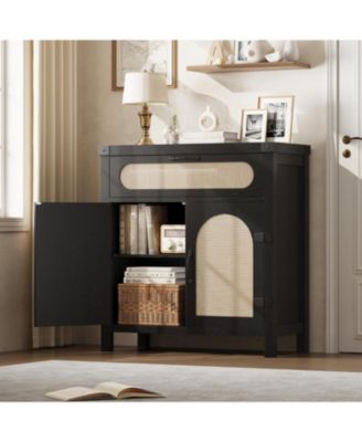 Rattan Sideboard Buffet Cabinet with Drawer, Farmhouse Boho Coffee Bar Storage Console, Black
