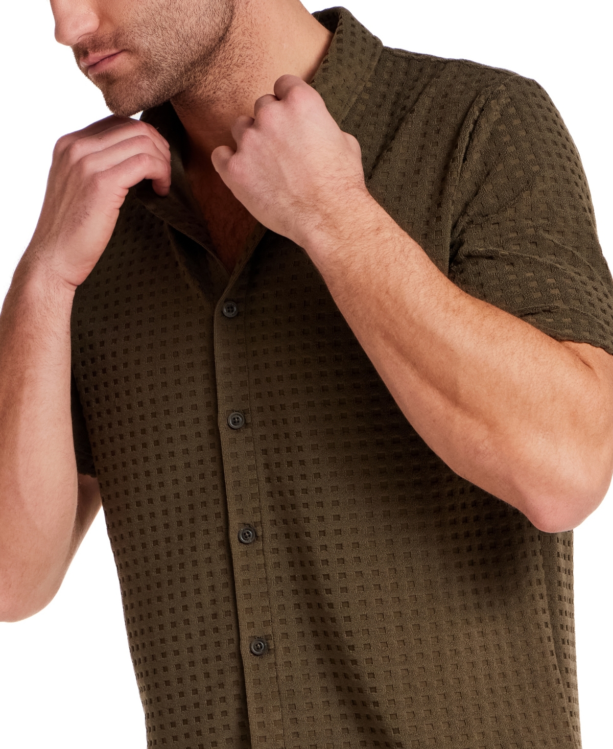 Vintage & Black Men's Short-Sleeve Textured Grid Coatfront Knitmen's Shirt