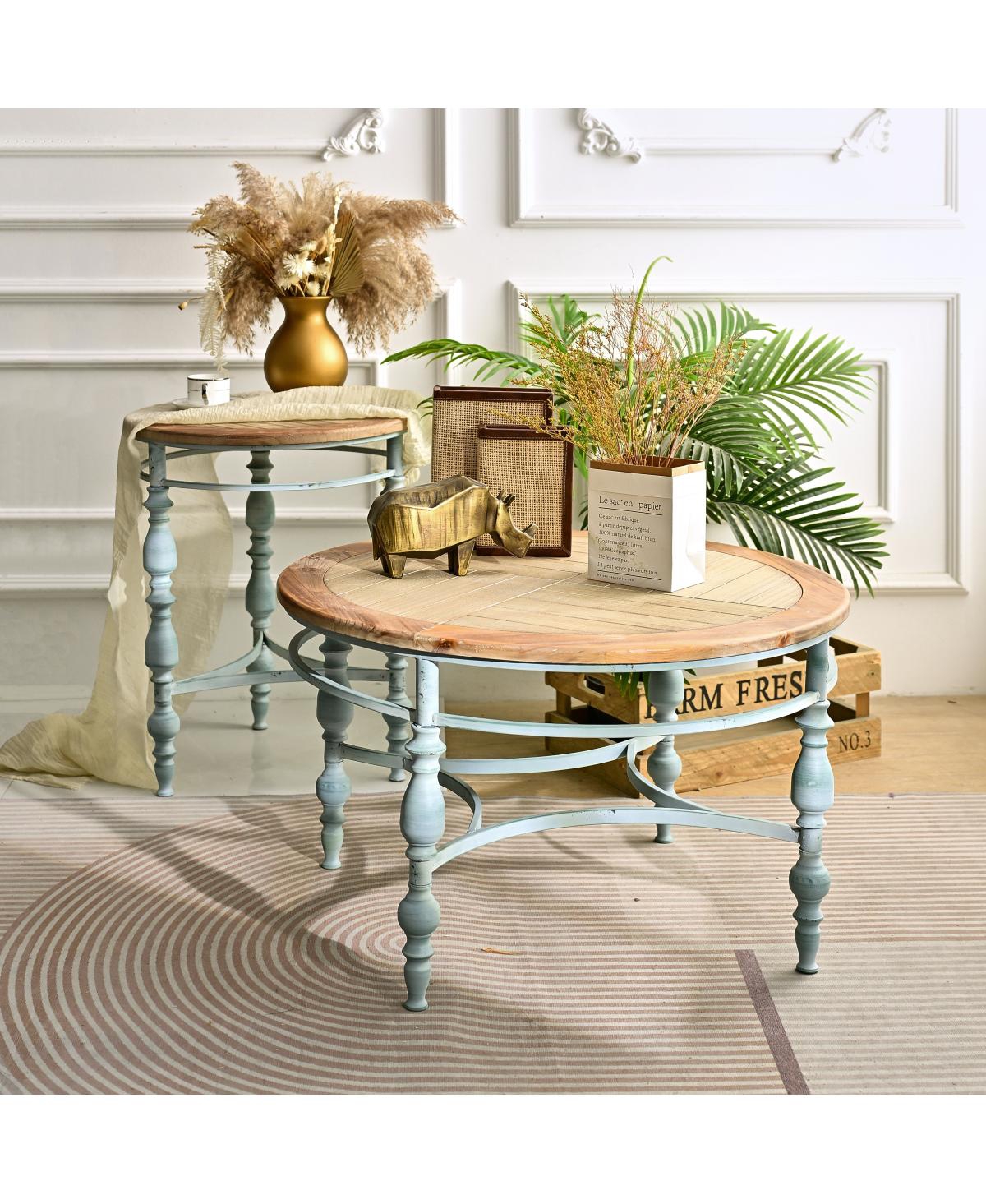 Streamdale Furniture Rustic Wooden Carved Coffee Table with Metal Legs