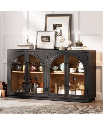  4-Door Large Storage Sideboard Buffet Cabinet with Glass Doors (Black