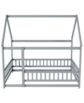 Full Size House Floor Wooden Bed with Roof Frame, Safety Guardrails