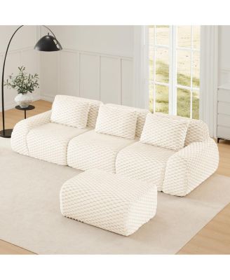 Streamdale 114" Modern L-Shaped Flannelette Sectional Sofa with Movable Ottoman, Cream