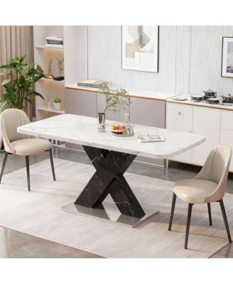 Modern Rectangle Dining Table, Stretchable, Marble Top, X-Shape Leg