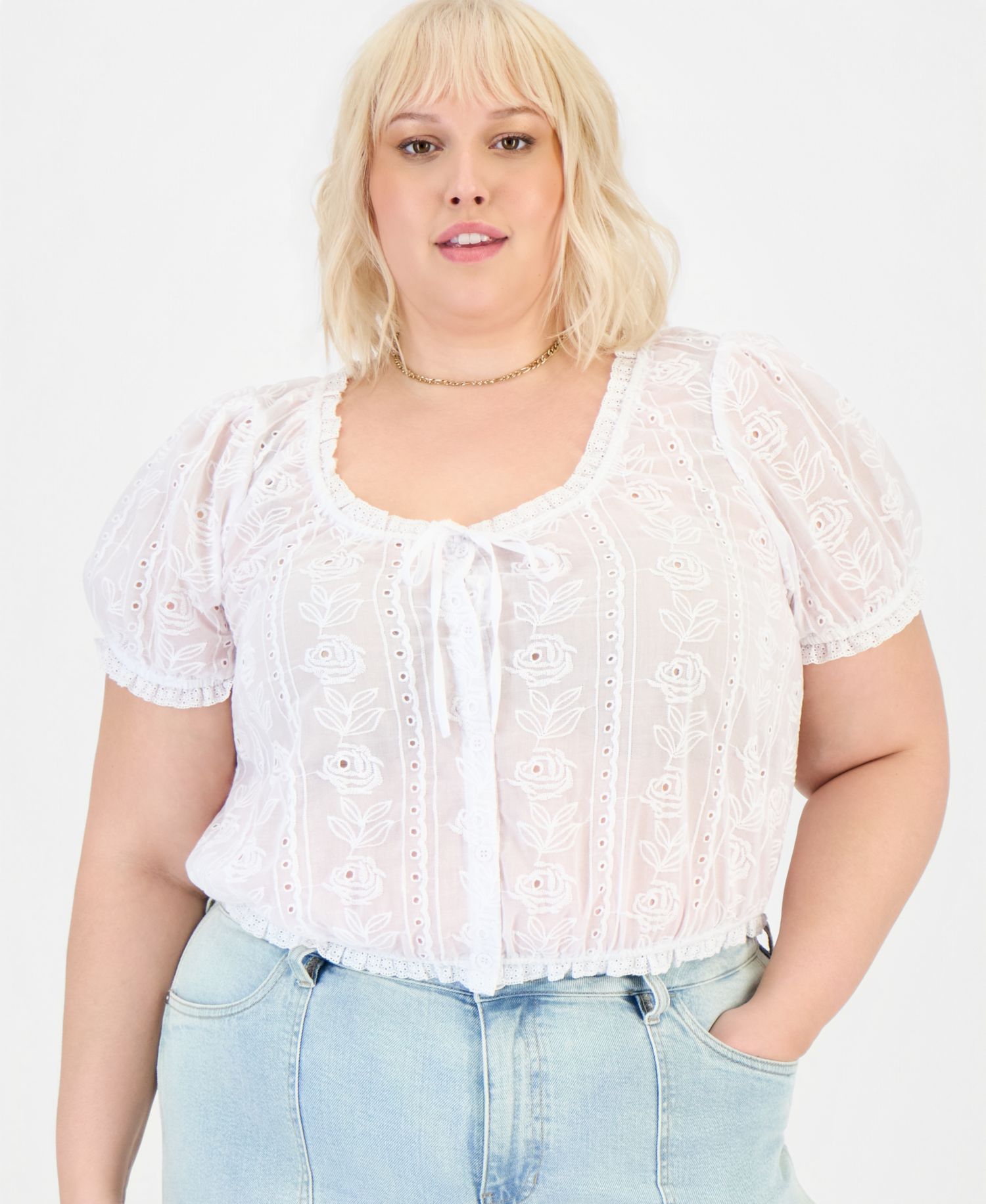 Plus Size Cotton Embroidered Cropped Blouse