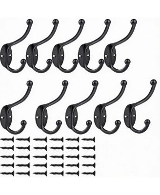 10Pcs Black Zinc Die-Cast Coat Hooks, Dual Design, 35Lbs Capacity, Easy Install