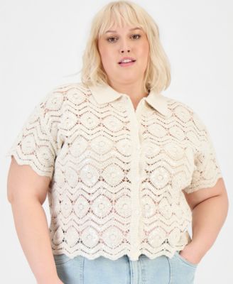 Trendy Plus Size Cotton Crochet Camp Shirt