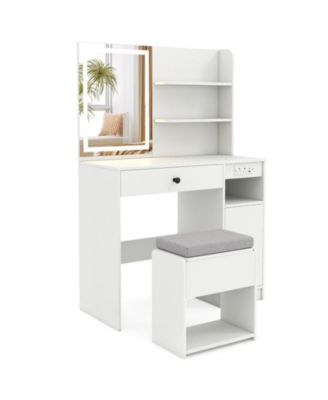 Vanity Desk Set with Mirror & Lights Power Outlet Cushioned Stool