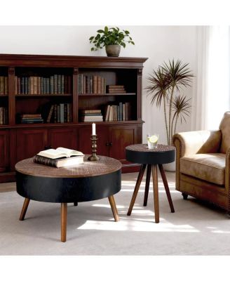 Round Coffee Table with Carved Top, Small Accent Nightstand