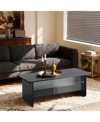 Rectangular Modern Minimalist Coffee Table with Sliding Glass Door Storage