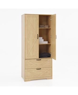 2-Door Wood Wardrobe with Hanging Rod, 2 Drawers, Mirror & Light